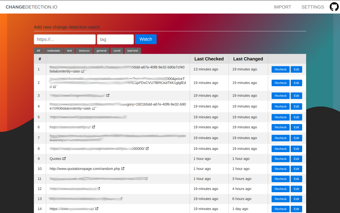 Self-hoster web page change monitoring application screenshot