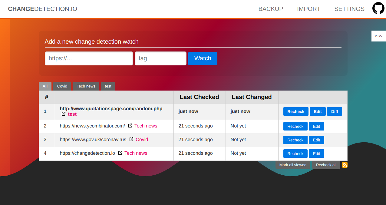 Self-hosted web page change monitoring application screenshot