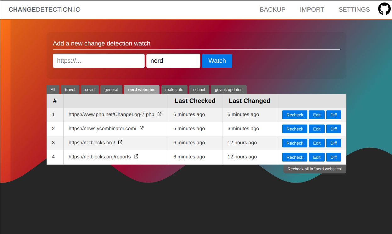 Self-hosted web page change monitoring application screenshot