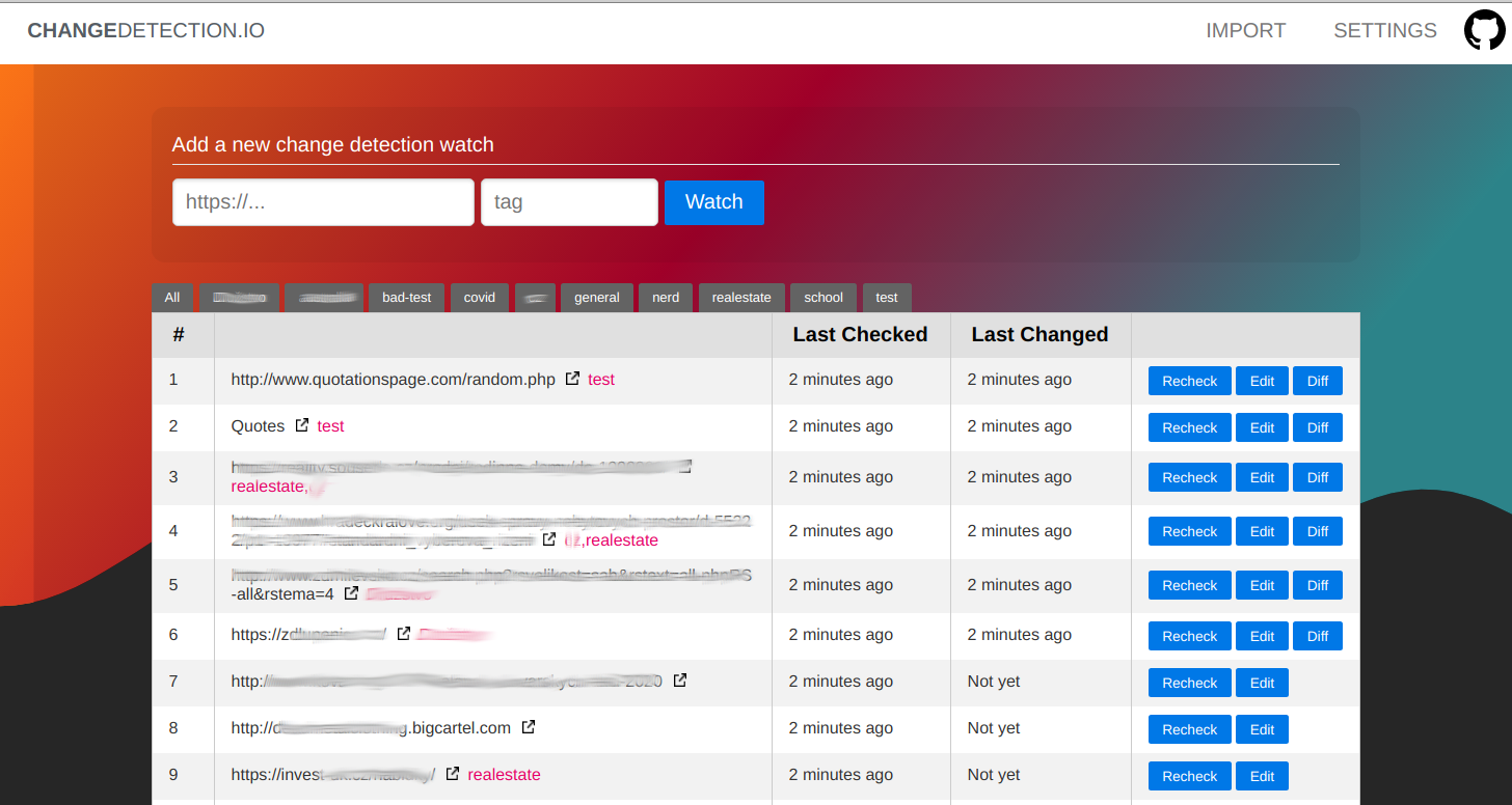 Self-hoster web page change monitoring application screenshot