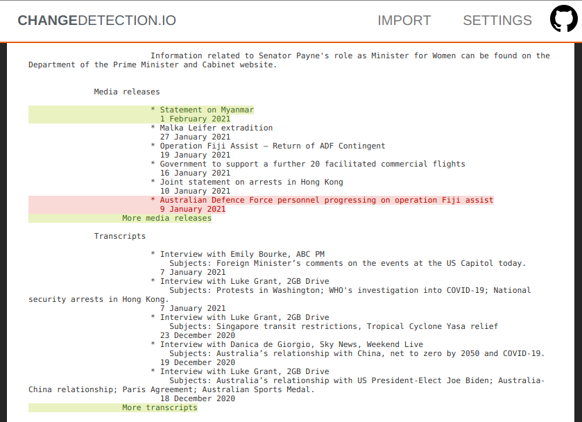 Self-hosted web page change monitoring context difference screenshot