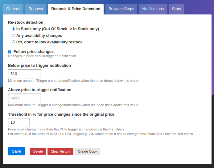 Set upper lower and percentage price change notification values